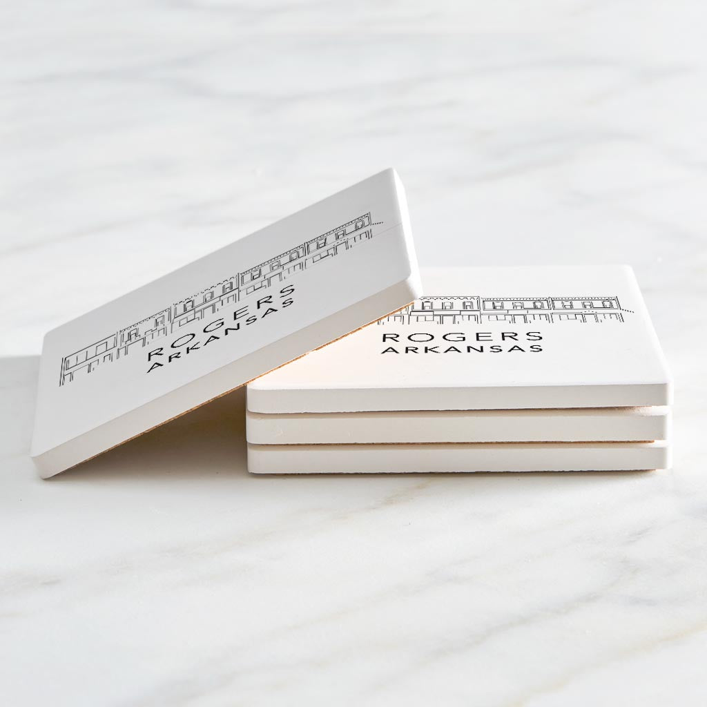 Minimalist B&W Arkansas Rogers Skyline State | Absorbent Coasters | Set of 4 | Min 2