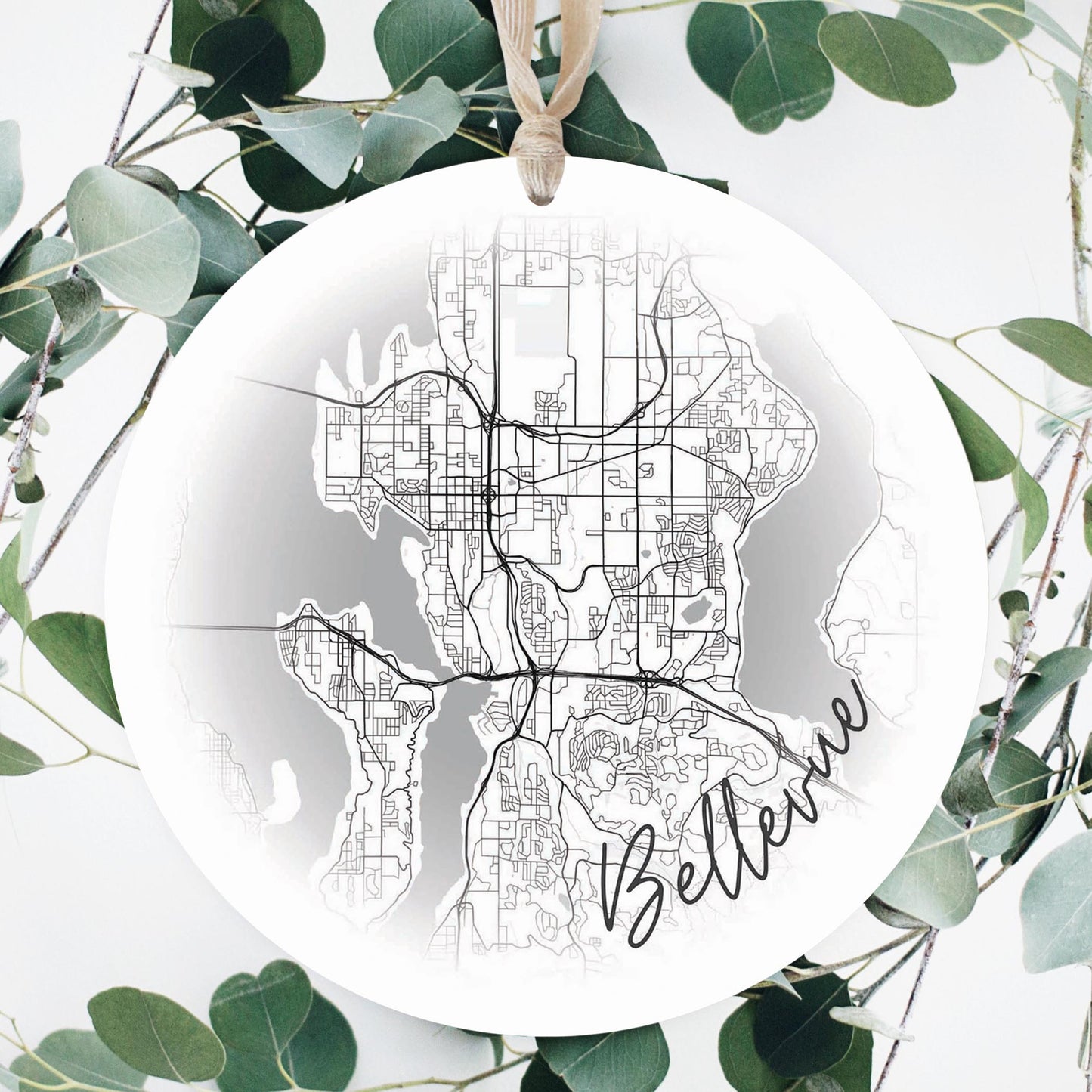 Minimalistic B&W Washington Bellevue Circle Map | Wood Ornament | Eaches | Min 1