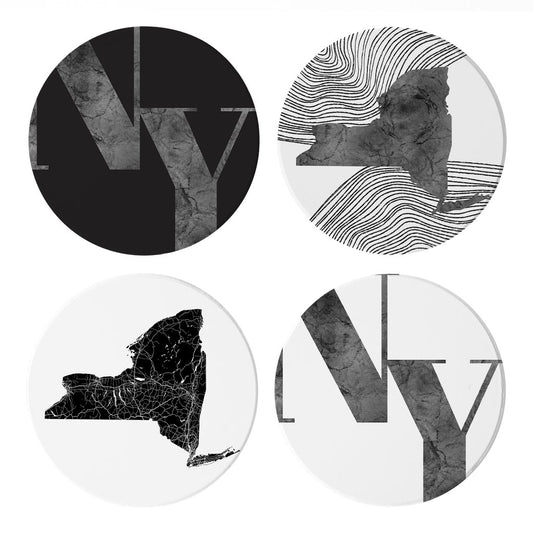 Minimalistic B&W New York Initials State Shapes | Absorbent Coasters | Set of 4 | Min 2