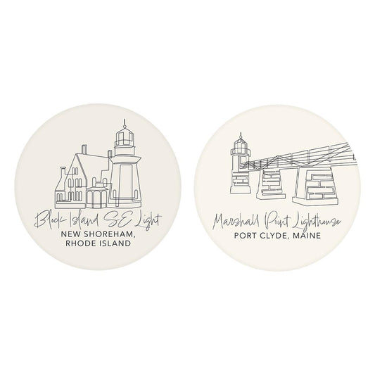 New England Lighthouses Cream Colored | Absorbent Car Coasters | Set of 2 | Min 4