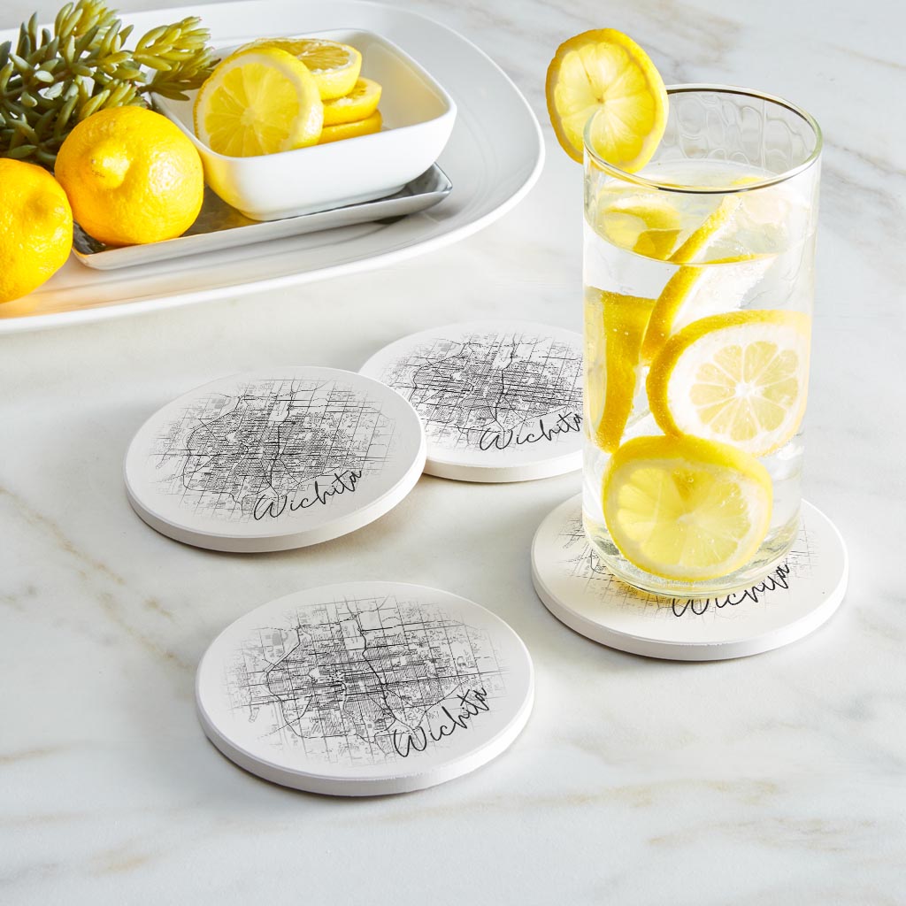 Minimalistic B&W Kansas Wichita Circle Map | Absorbent Coasters | Set of 4 | Min 2