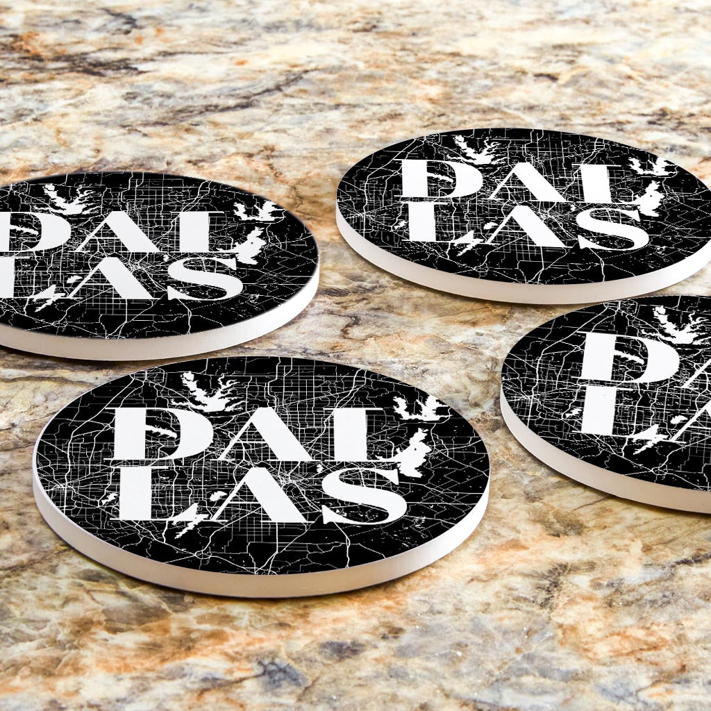 Modern Black Dallas Map | Absorbent Coasters | Set of 4 | Min 2