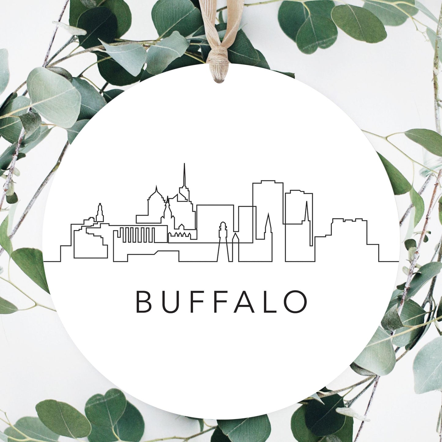 Minimalistic B&W New York Buffalo Skyline | Wood Ornament | Eaches | Min 1