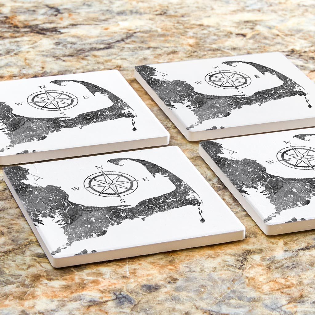 Minimalistic B&W Cape Cod Map With Compass | Absorbent Coasters | Set of 4 | Min 2