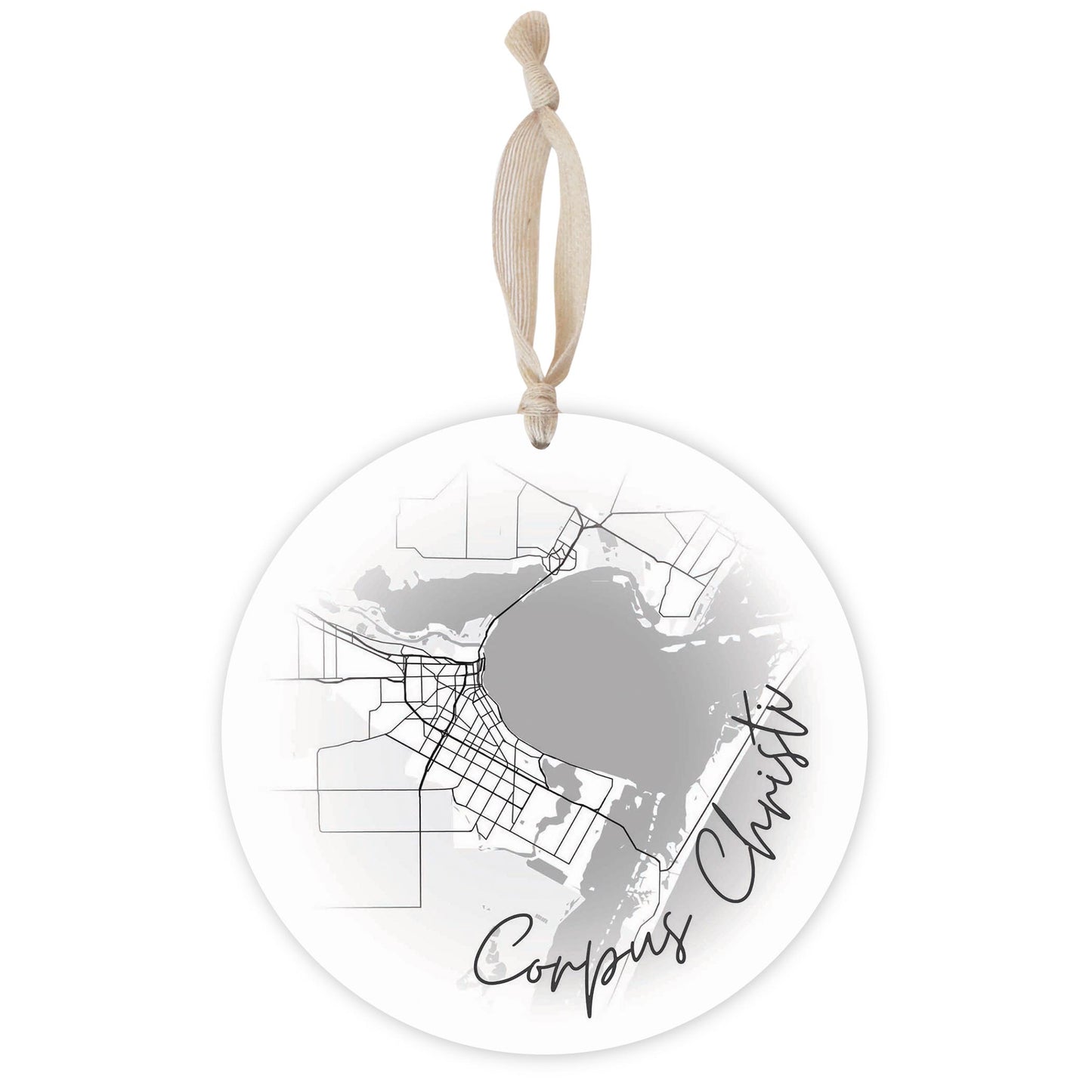 Minimalistic B&W Texas Corpus Christi Circle Map | Wood Ornament | Eaches | Min 1