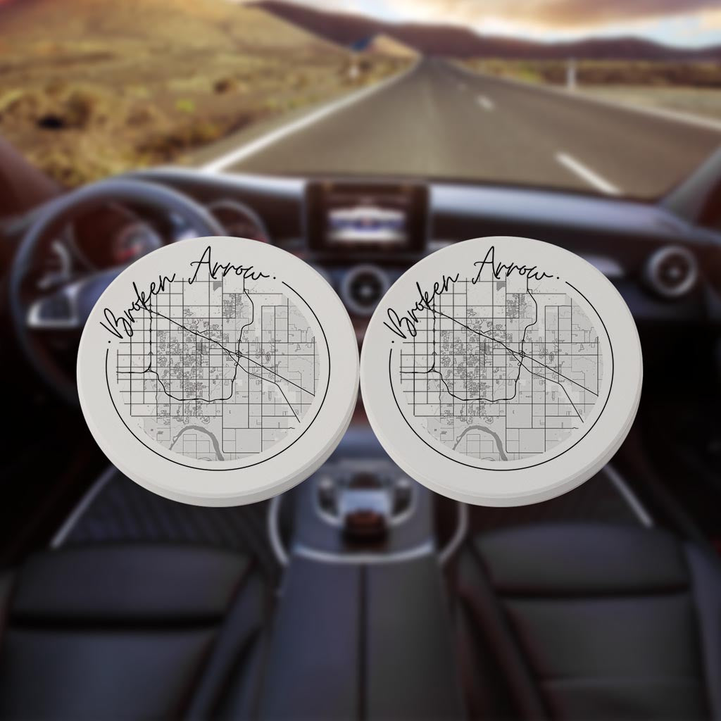 Modern Oklahoma Broken Arrow Map | Absorbent Car Coasters | Set of 2 | Min 4