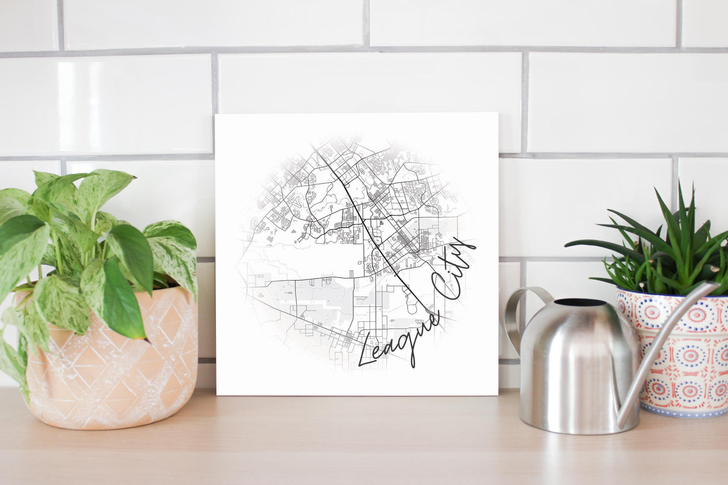 Minimalistic B&W Texas League City Circle Map | Wood Sign | Eaches | Min 2