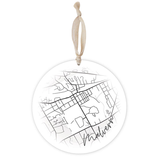 Minimalistic B&W Pennsylvania Malvern Circle Map | Wood Ornament | Eaches | Min 1