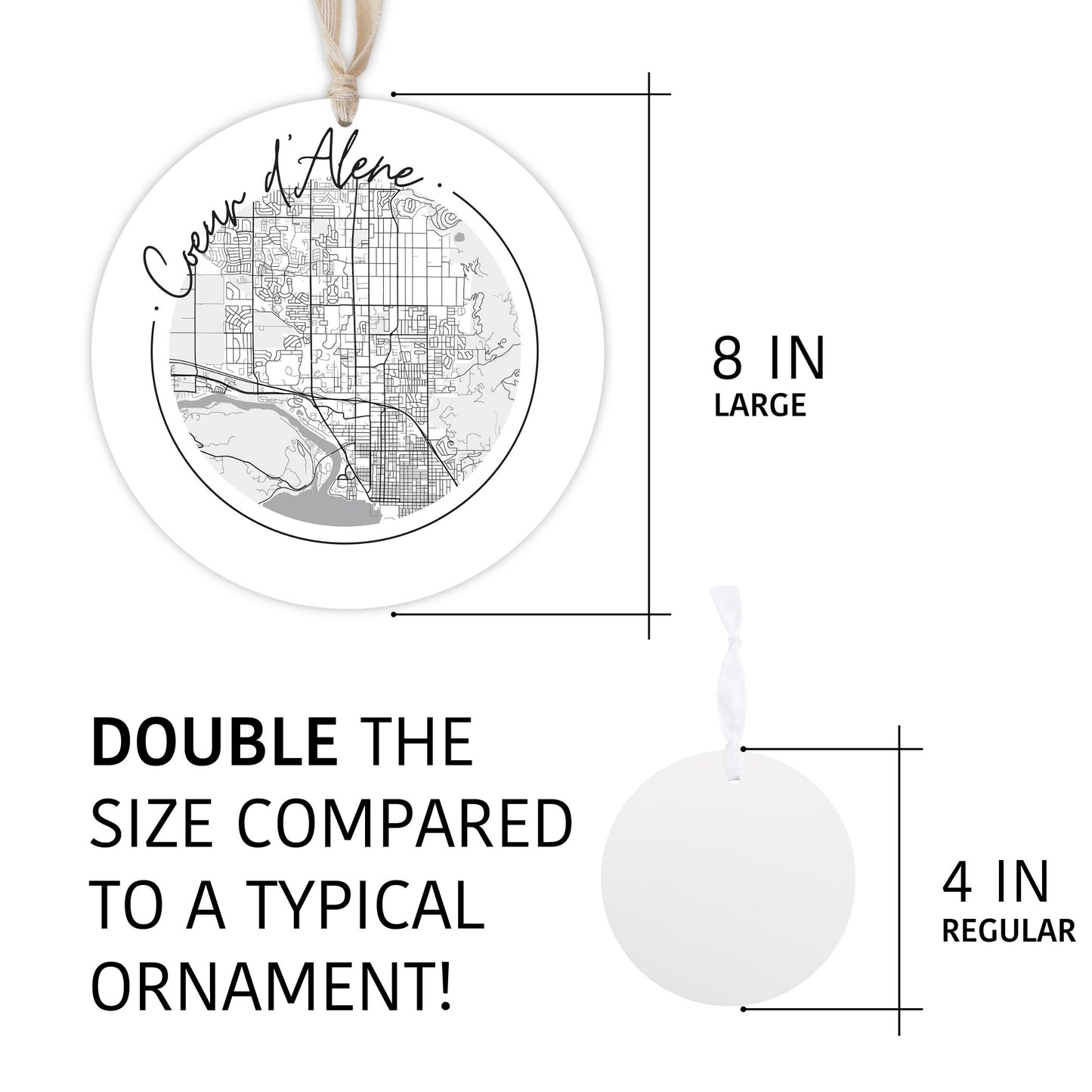 Minimalist B&W Idaho Coeur Dalene Circle Map | Wood Ornament | Eaches | Min 1