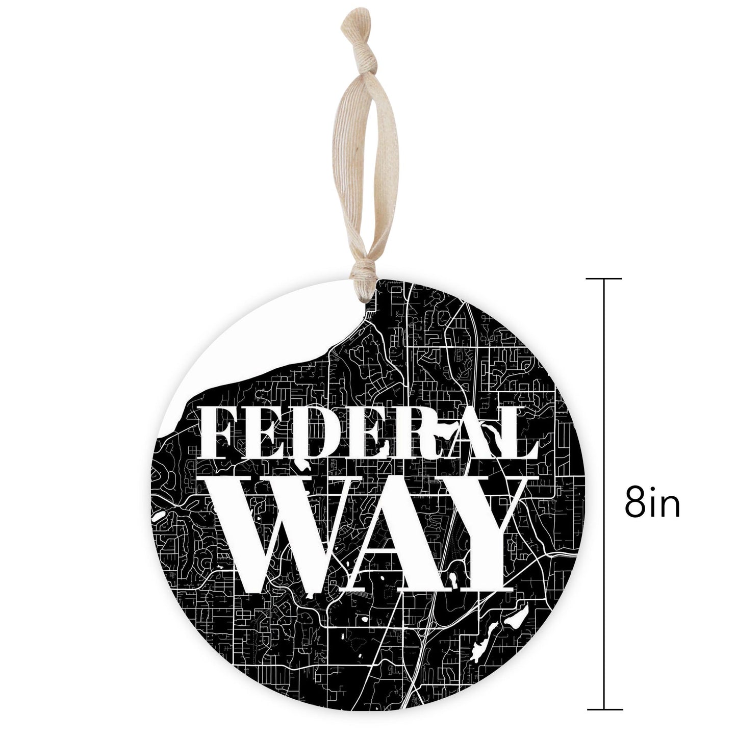 Minimalistic B&W Washington Federal Way Map | Wood Ornament | Eaches | Min 1