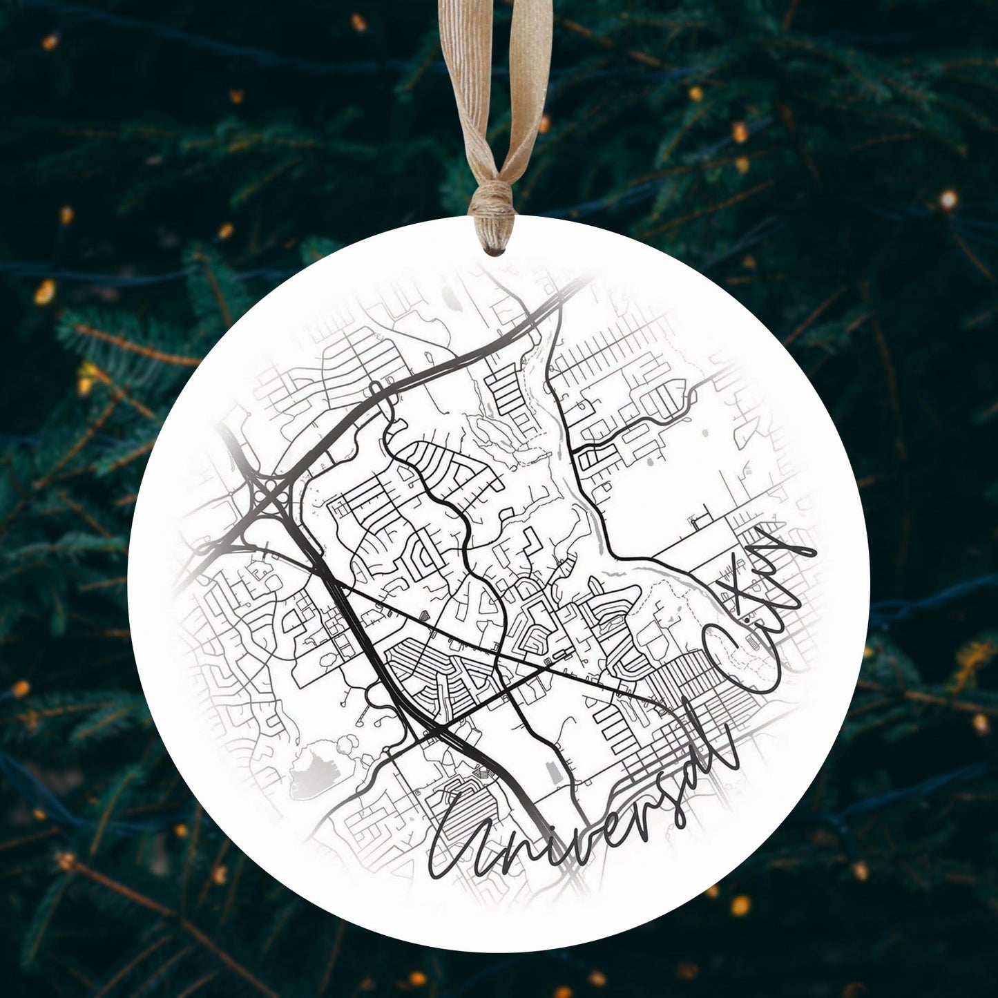 Minimalistic B&W Texas Universal City Circle Map | Wood Ornament | Eaches | Min 1