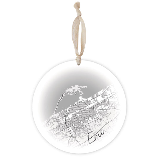 Minimalistic B&W Pennsylvania Erie Circle Map | Wood Ornament | Eaches | Min 1