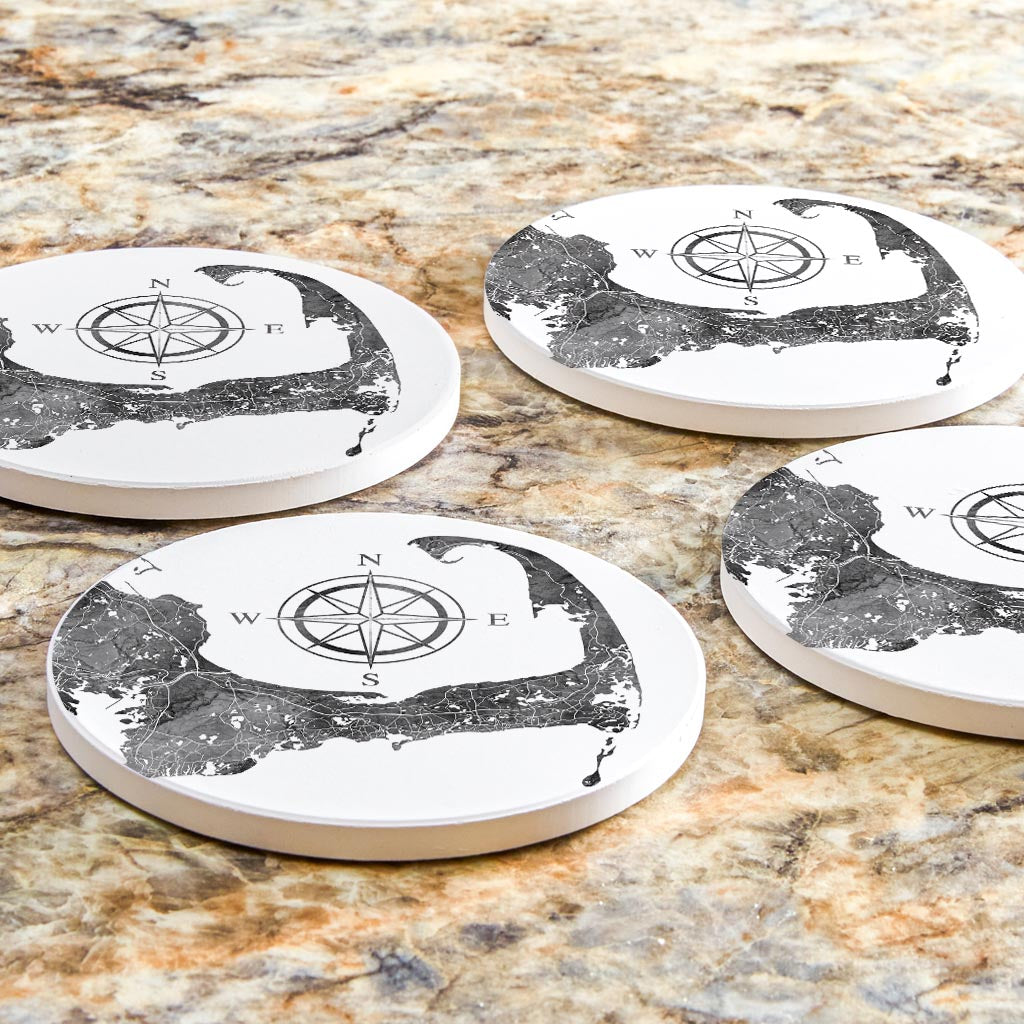 Minimalistic B&W Cape Cod Map With Compass | Absorbent Coasters | Set of 4 | Min 2