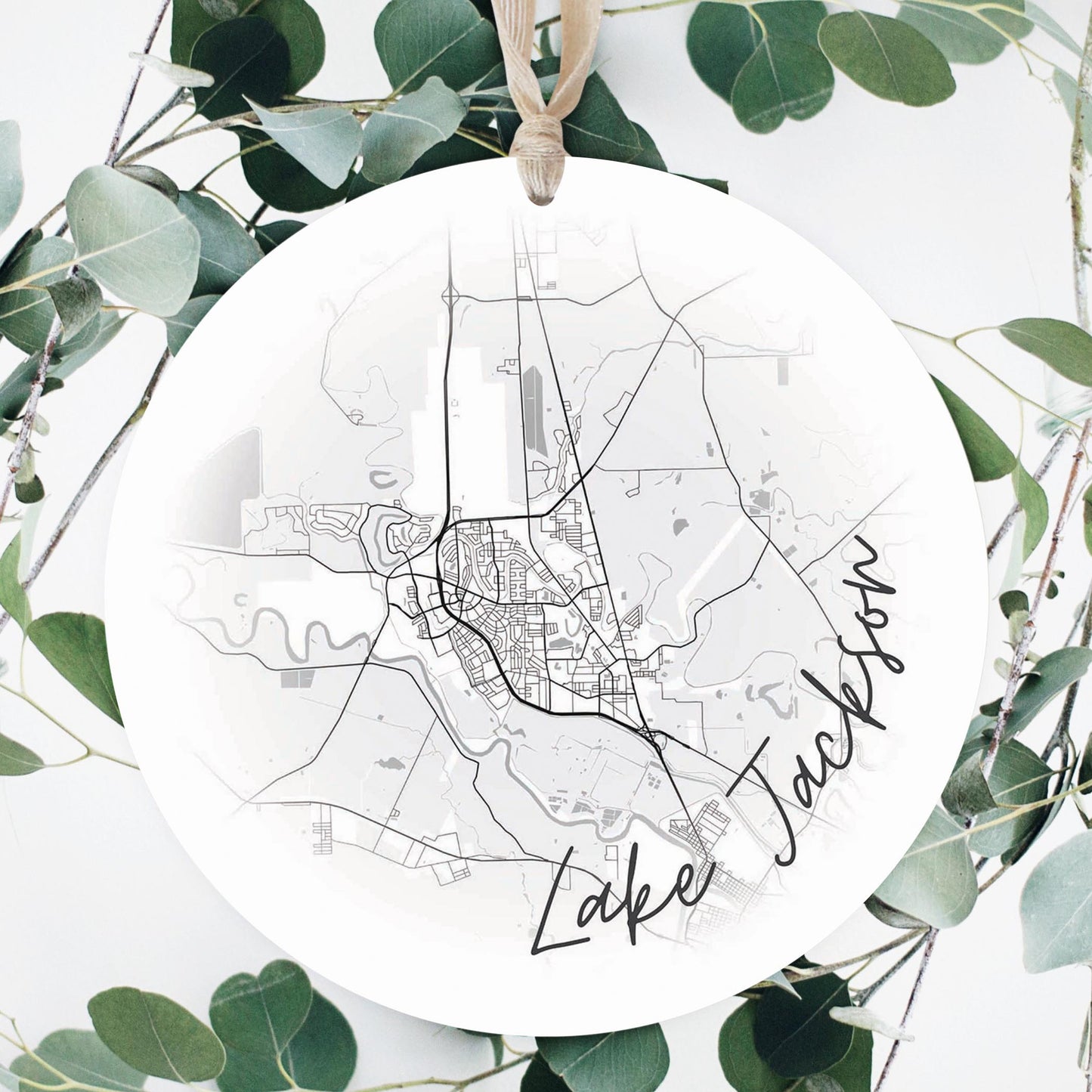 Minimalistic B&W Texas Lake Jackson Circle Map | Wood Ornament | Eaches | Min 1