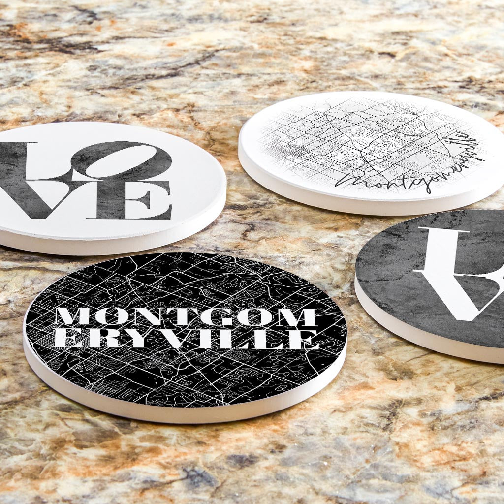 Minimalistic B&W Pennsylvania Montgomeryville Maps Love| Absorbent Coasters | Set of 4 | Min 2