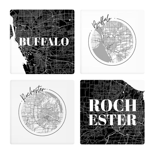 Minimalistic B&W New York Rochester Buffalo Maps | Absorbent Coasters | Set of 4 | Min 2