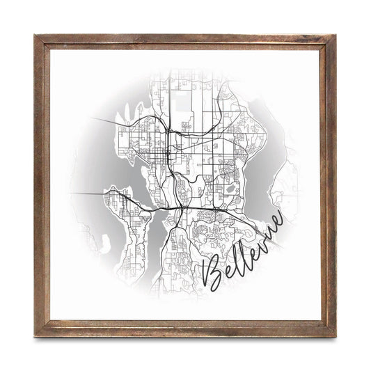 Minimalistic B&W Washington Bellevue Circle Map | Wood Sign | Eaches | Min 1