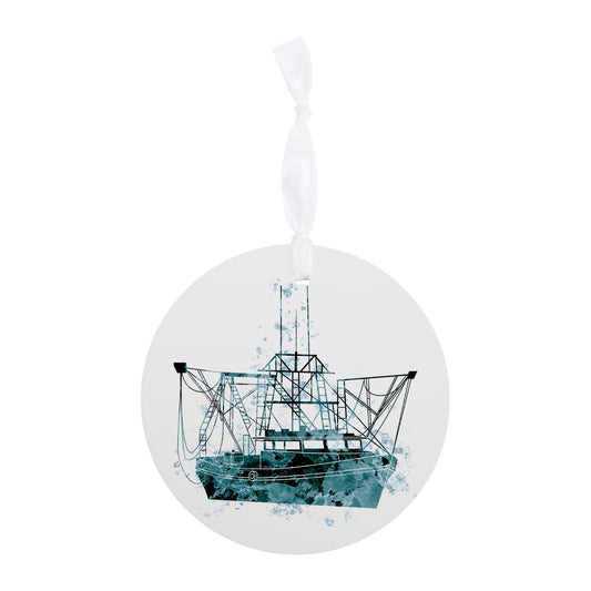 Blue White Water Color Shrimp Boat | Wood Ornament | Eaches | Min 6