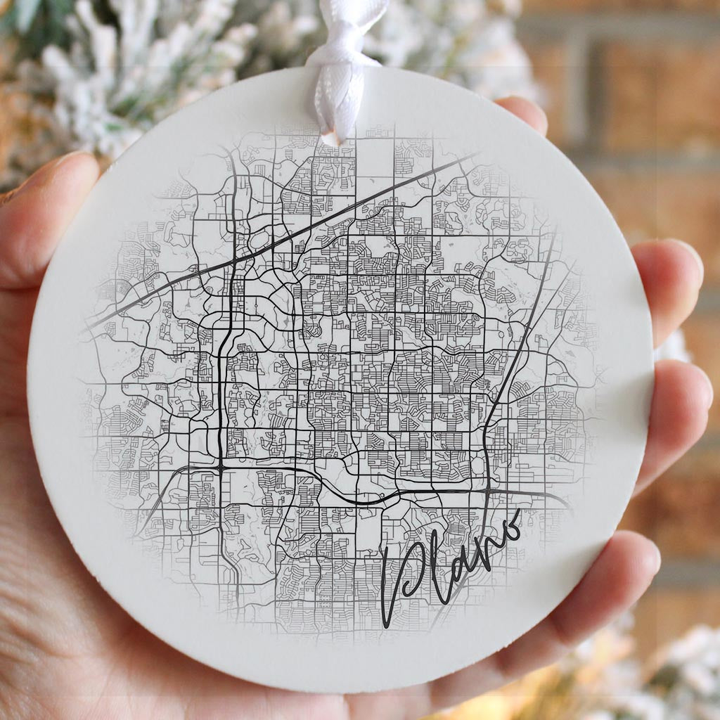 Minimalistic B&W Texas Plano Circle Map | Wood Ornament | Eaches | Min 6