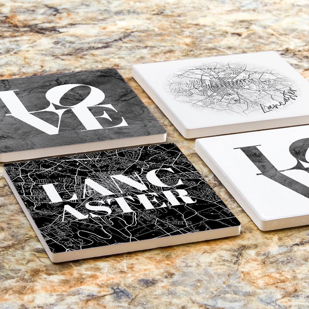 Minimalistic B&W Pennsylvania Lancaster Maps Love | Absorbent Coasters | Set of 4 | Min 2