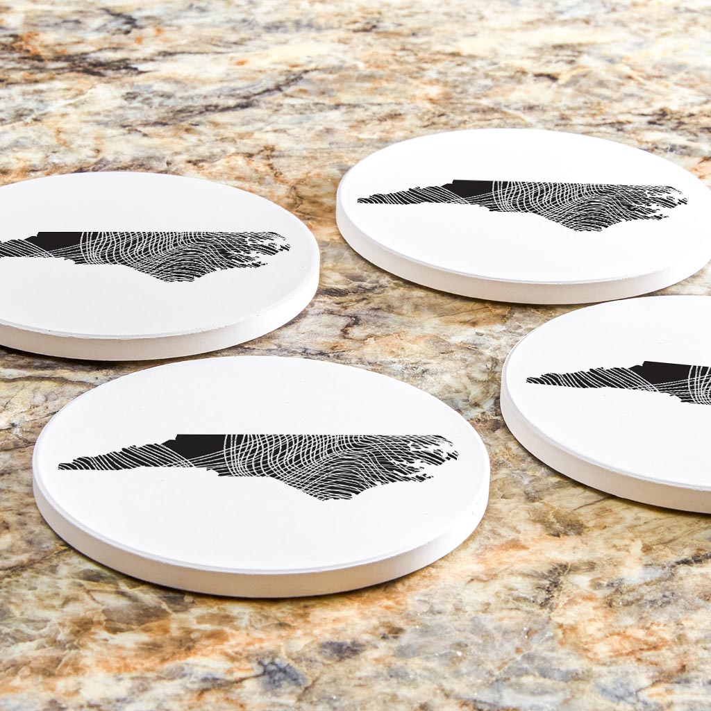 Minimalistic B&W North Carolina State Black With Fluid Lines| Absorbent Coasters | Set of 4 | Min 2