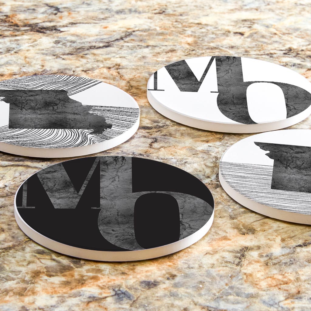 Minimalist B&W Missouri Initials State Shapes | Absorbent Coasters | Set of 4 | Min 2