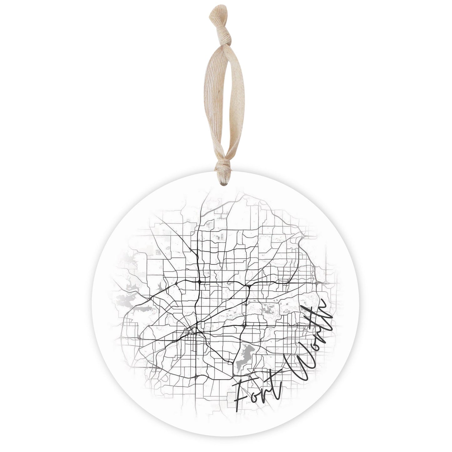 Minimalistic B&W Texas Fort Worth Circle Map | Wood Ornament | Eaches | Min 1