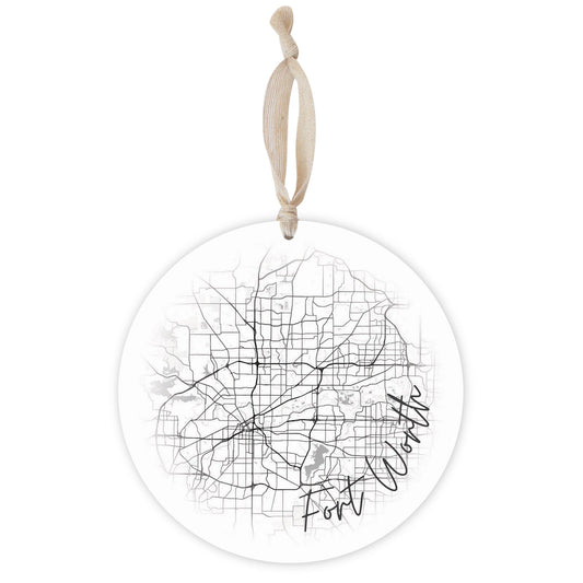 Minimalistic B&W Texas Fort Worth Circle Map | Wood Ornament | Eaches | Min 1