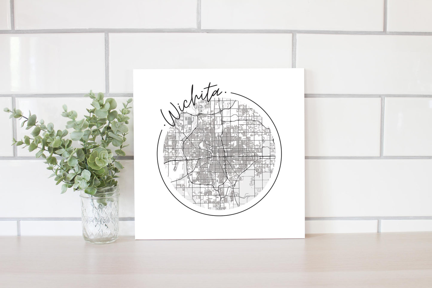 Minimalist B&W Kansas Wichita Circle Map | Wood Sign | Eaches | Min 2