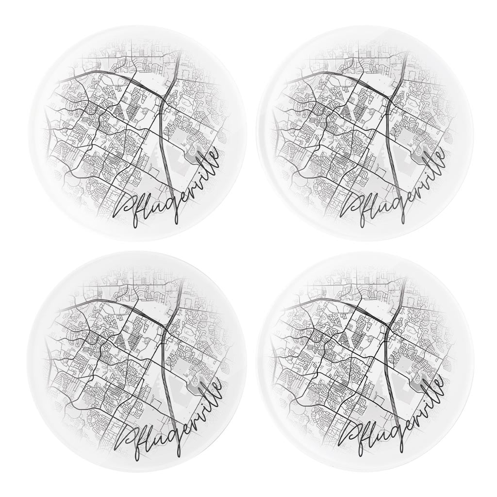 Minimalistic B&W Texas Pflugerville Circle Map | Hi-Def Glass Coasters | Set of 4 | Min 2