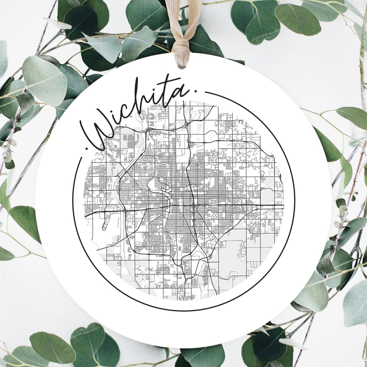 Minimalist B&W Kansas Wichita Circle Map | Wood Ornament | Eaches | Min 1