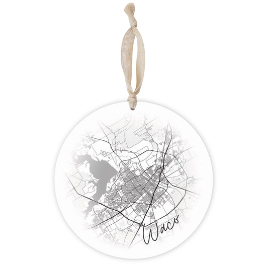 Minimalistic B&W Texas Waco Circle Map | Wood Ornament | Eaches | Min 1