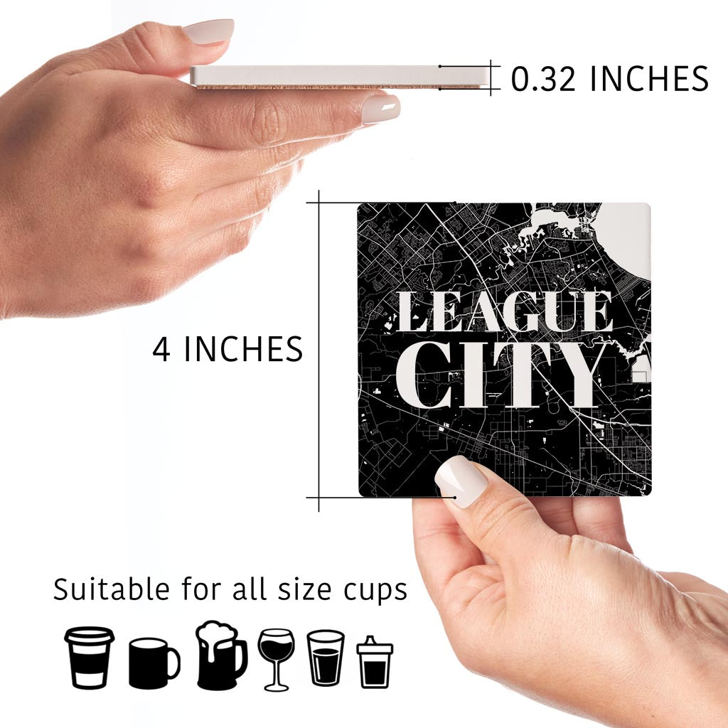 Minimalistic B&W Texas League City Map | Absorbent Coasters | Set of 4 | Min 2