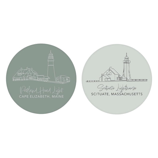 New England Lighthouses Muted Coastal | Absorbent Car Coasters | Set of 2 | Min 4