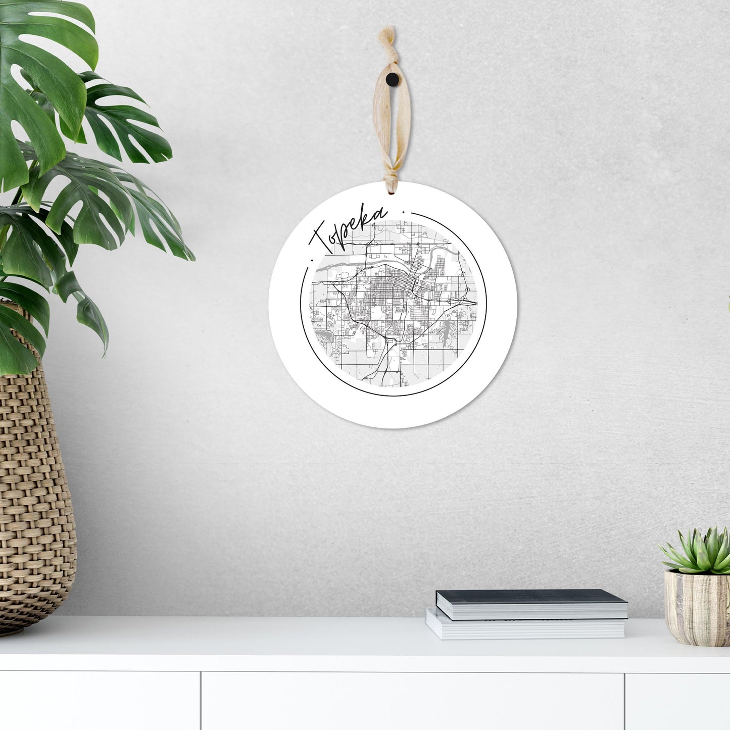 Minimalist B&W Kansas Topeka Circle Map | Wood Ornament | Eaches | Min 1