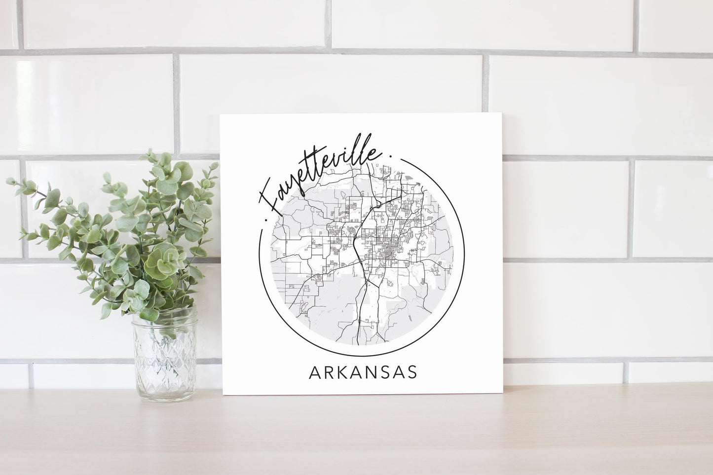 Minimalist B&W Arkansas Fayetteville Circle Map | Wood Sign | Eaches | Min 2