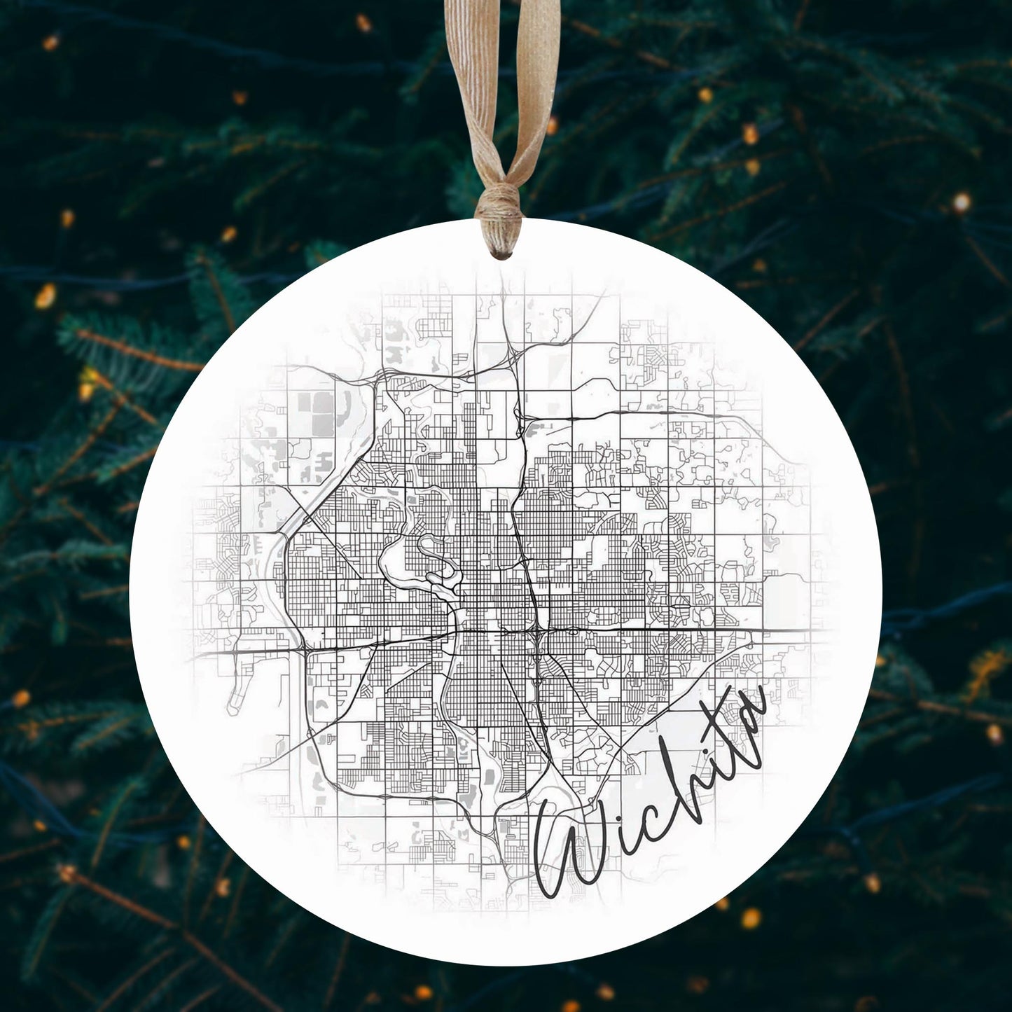 Minimalistic B&W Kansas Wichita Circle Map | Wood Ornament | Eaches | Min 1