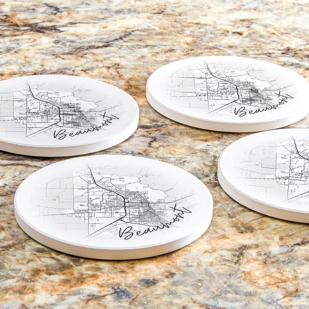 Minimalistic B&W Texas Beaumont Circle Map | Absorbent Coasters | Set of 4 | Min 2