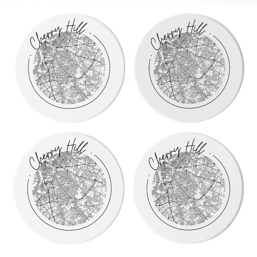 Minimalistic B&W New Jersey Cherry Hill Circle Map| Absorbent Coasters | Set of 4 | Min 2