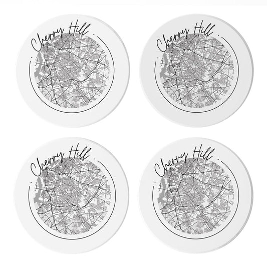 Minimalistic B&W New Jersey Cherry Hill Circle Map| Absorbent Coasters | Set of 4 | Min 2