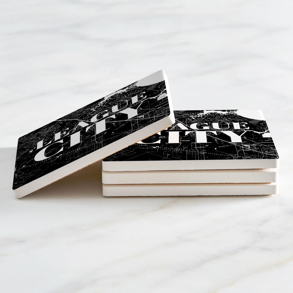 Minimalistic B&W Texas League City Map | Absorbent Coasters | Set of 4 | Min 2