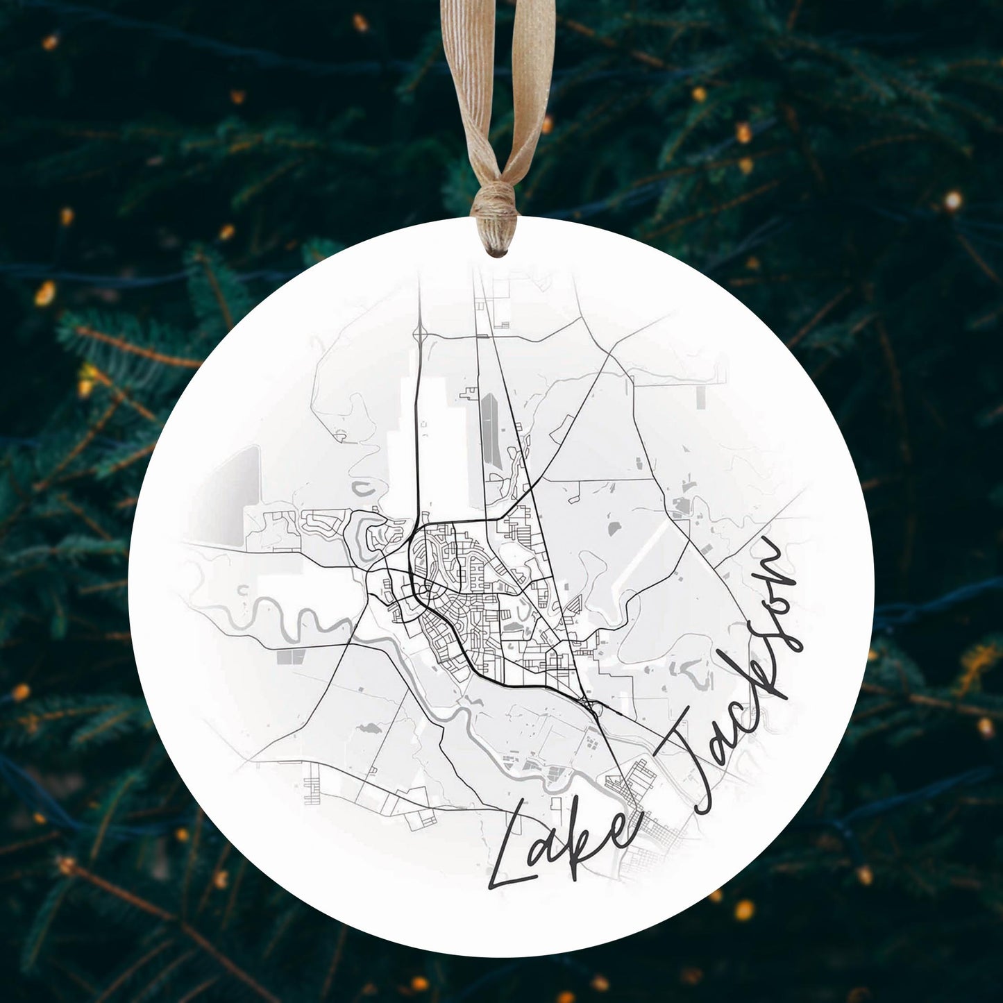 Minimalistic B&W Texas Lake Jackson Circle Map | Wood Ornament | Eaches | Min 1