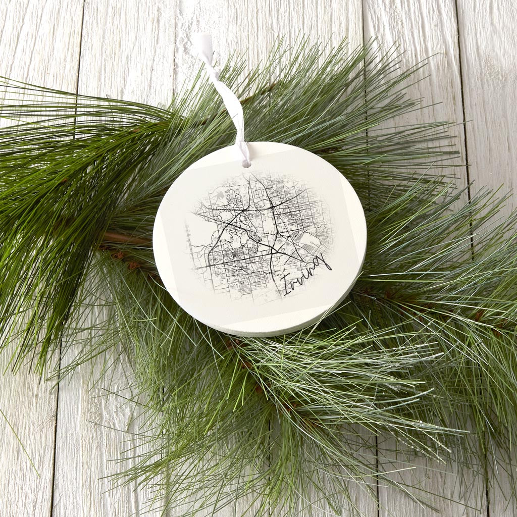 Minimalistic B&W Texas Irving Circle Map | Wood Ornament | Eaches | Min 6