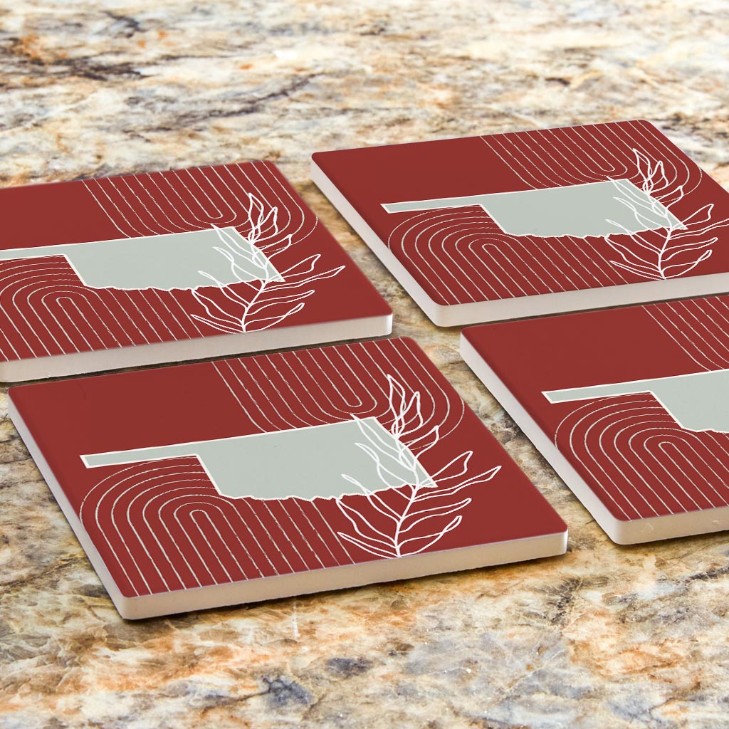 Modern Minimalist Oklahoma State Shape With Leaf | Absorbent Coasters | Set of 4 | Min 2