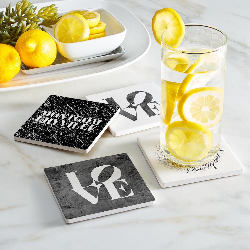 Minimalistic B&W Pennsylvania Montgomeryville Maps Love | Absorbent Coasters | Set of 4 | Min 2