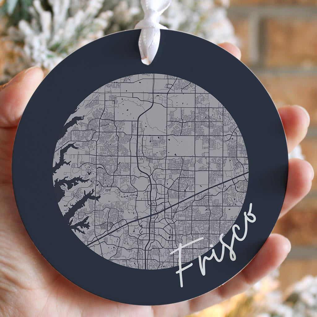 Modern Minimalist Texas Colors Frisco Circle Map | Wood Ornament | Eaches | Min 6