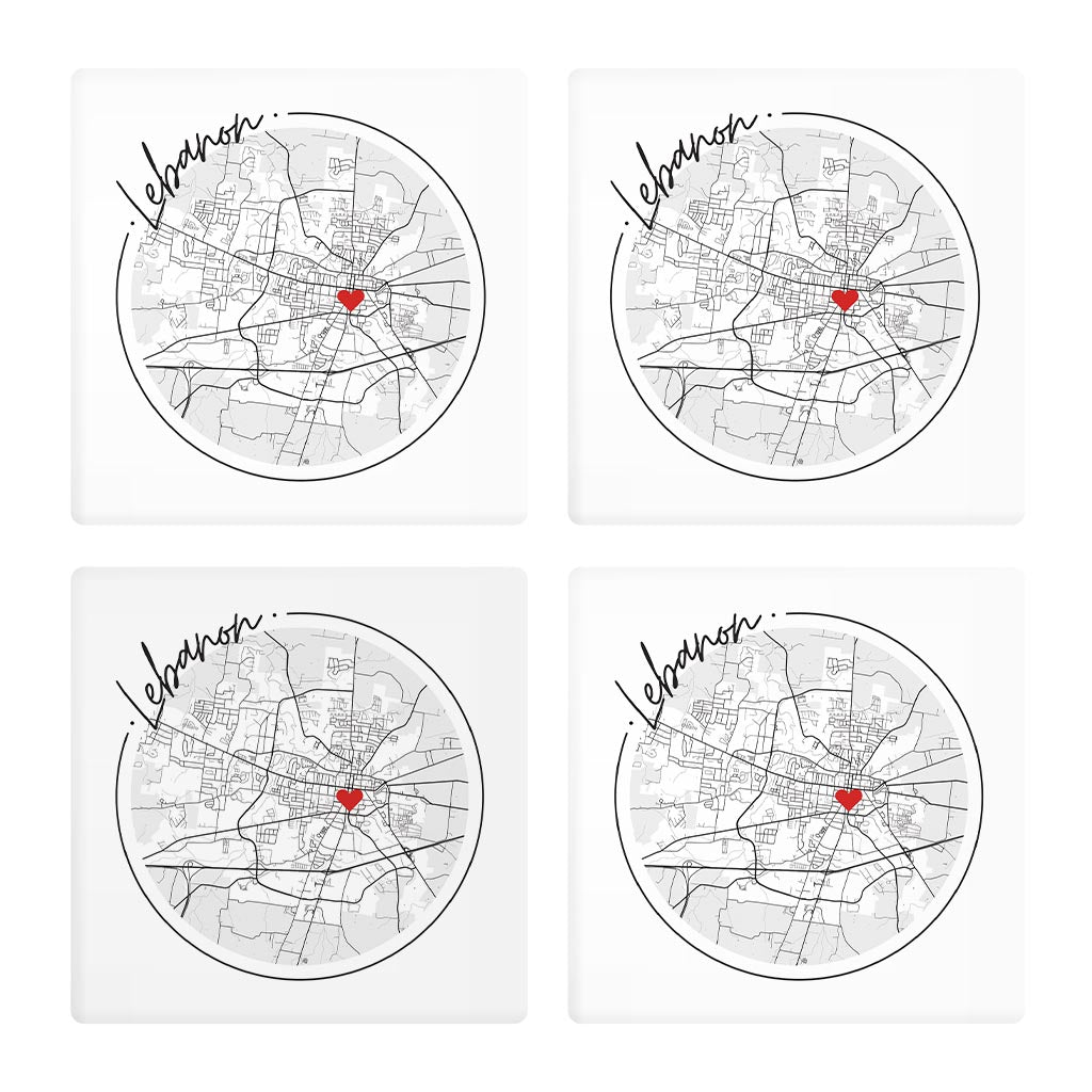 Minimalist B&W Tennessee Lebanon Circle Map Heart| Absorbent Coasters | Set of 4 | Min 2