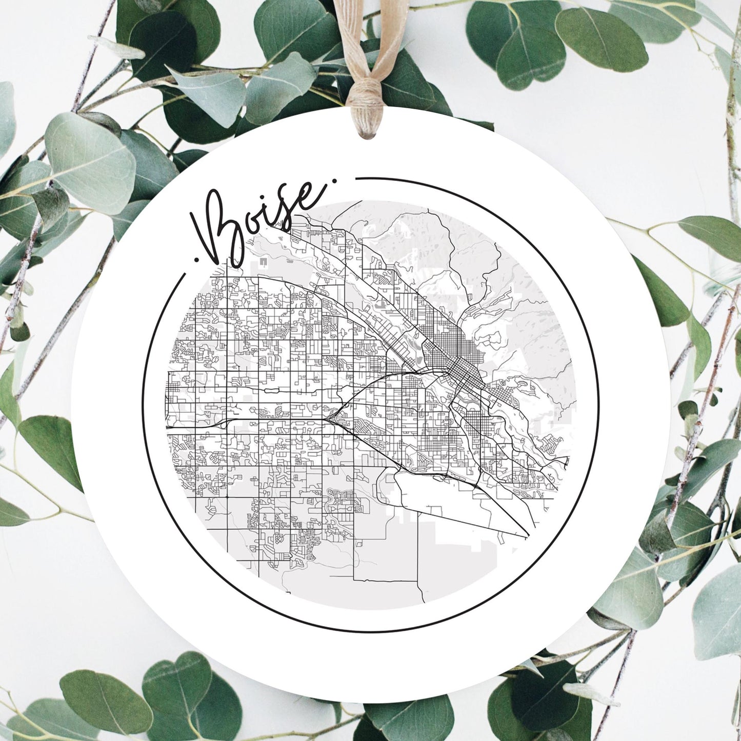 Minimalist B&W Idaho Boise Circle Map | Wood Ornament | Eaches | Min 1