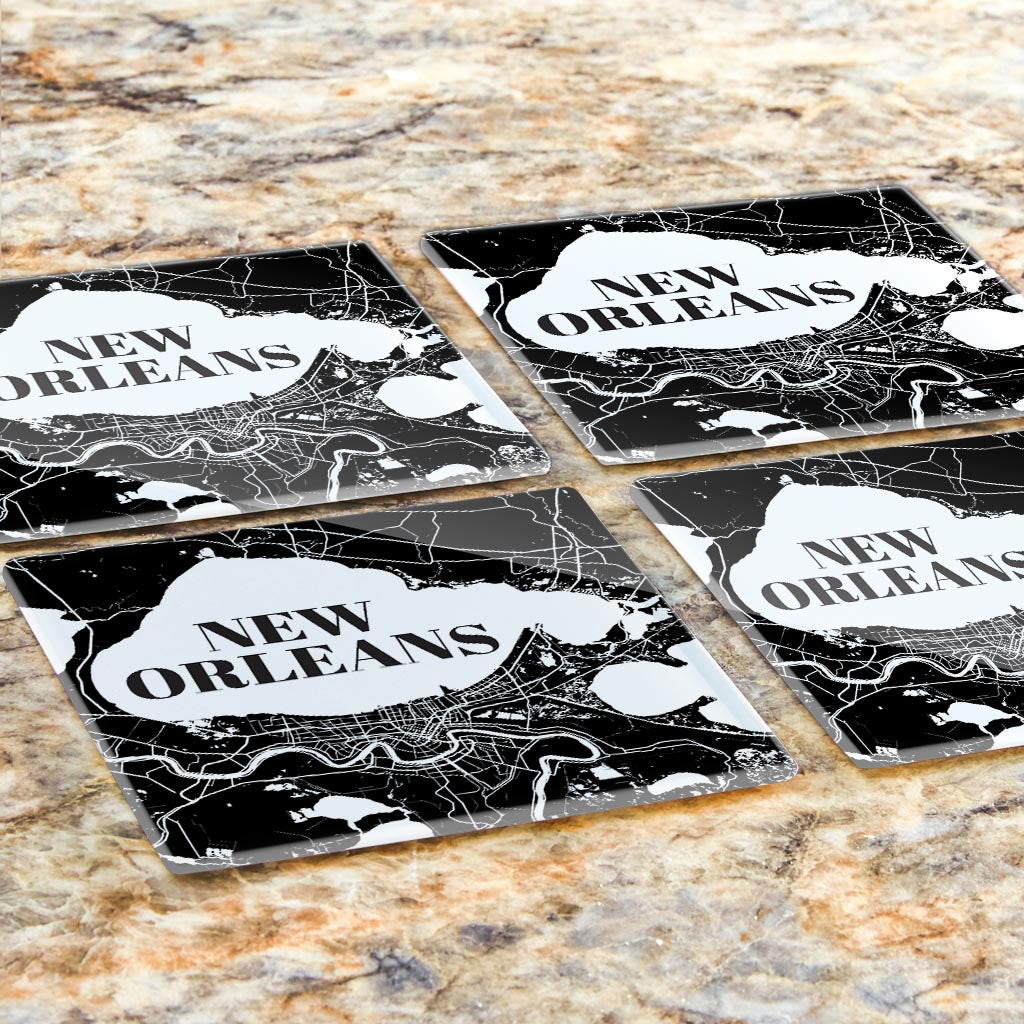 Modern Louisiana New Orleans Map | Hi-Def Glass Coasters | Set of 4 | Min 2