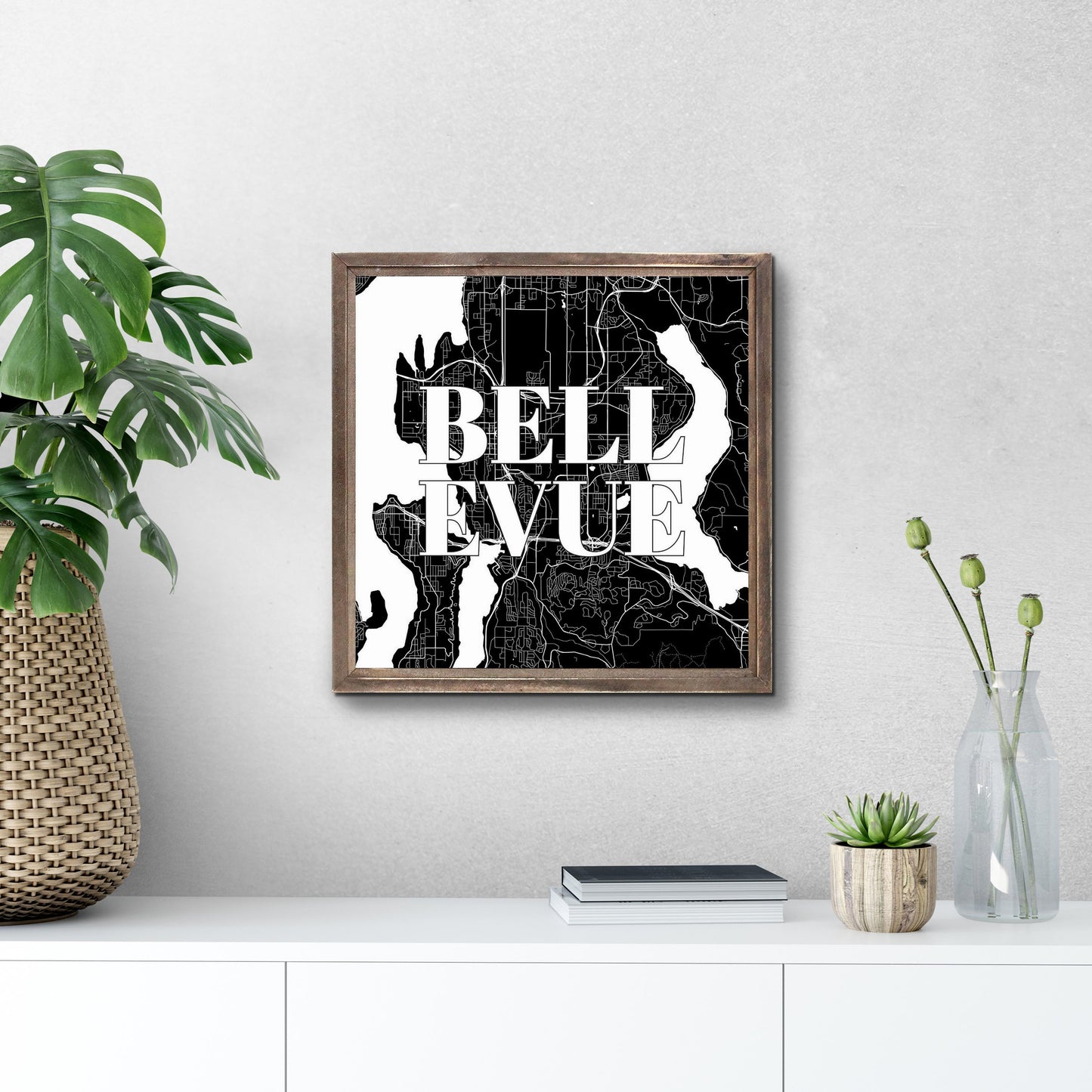 Minimalistic B&W Washington Bellevue Map | Wood Sign | Eaches | Min 1